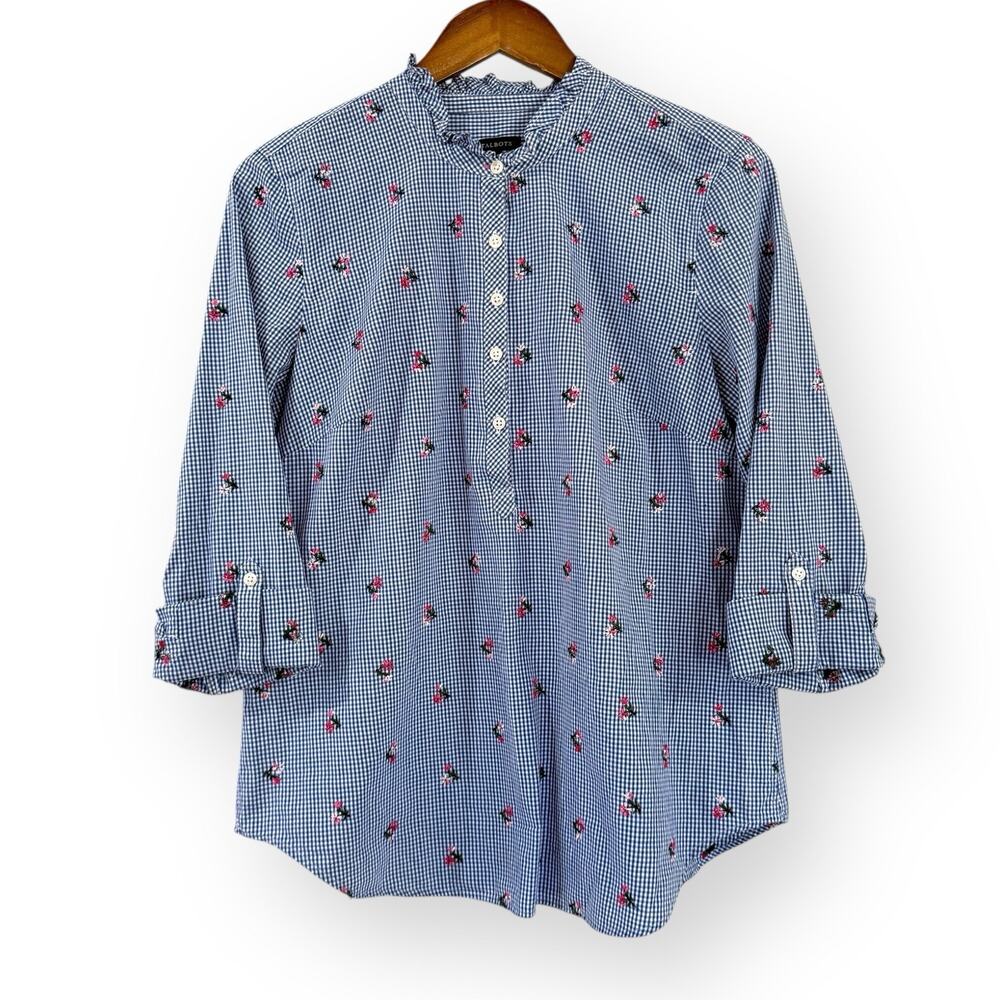 Talbots Popover Top Blue Gingham Floral Embroidered Small Roll-Tab Cottagecore